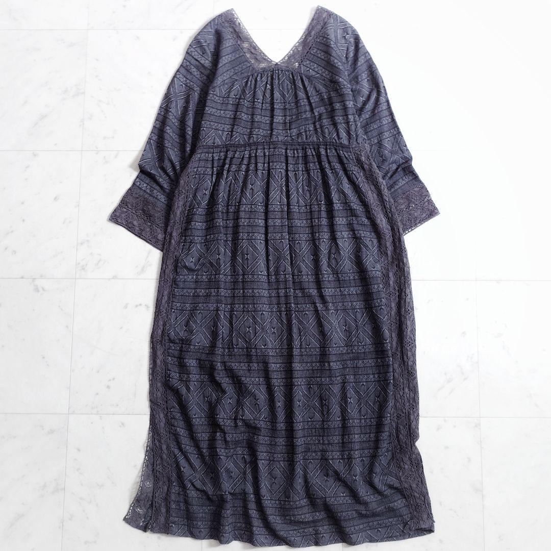 美品✨定価2.2万 サラマリカ コットンリネン 刺繍ガウンワンピース グレー