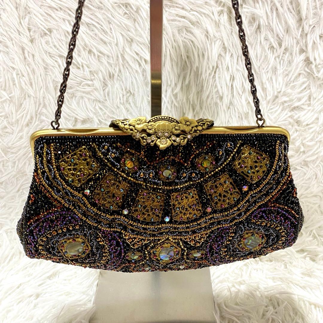 美品✨ ヴィンテージ ビーズバッグ パーティバッグ ポーチ チェーン ブラック