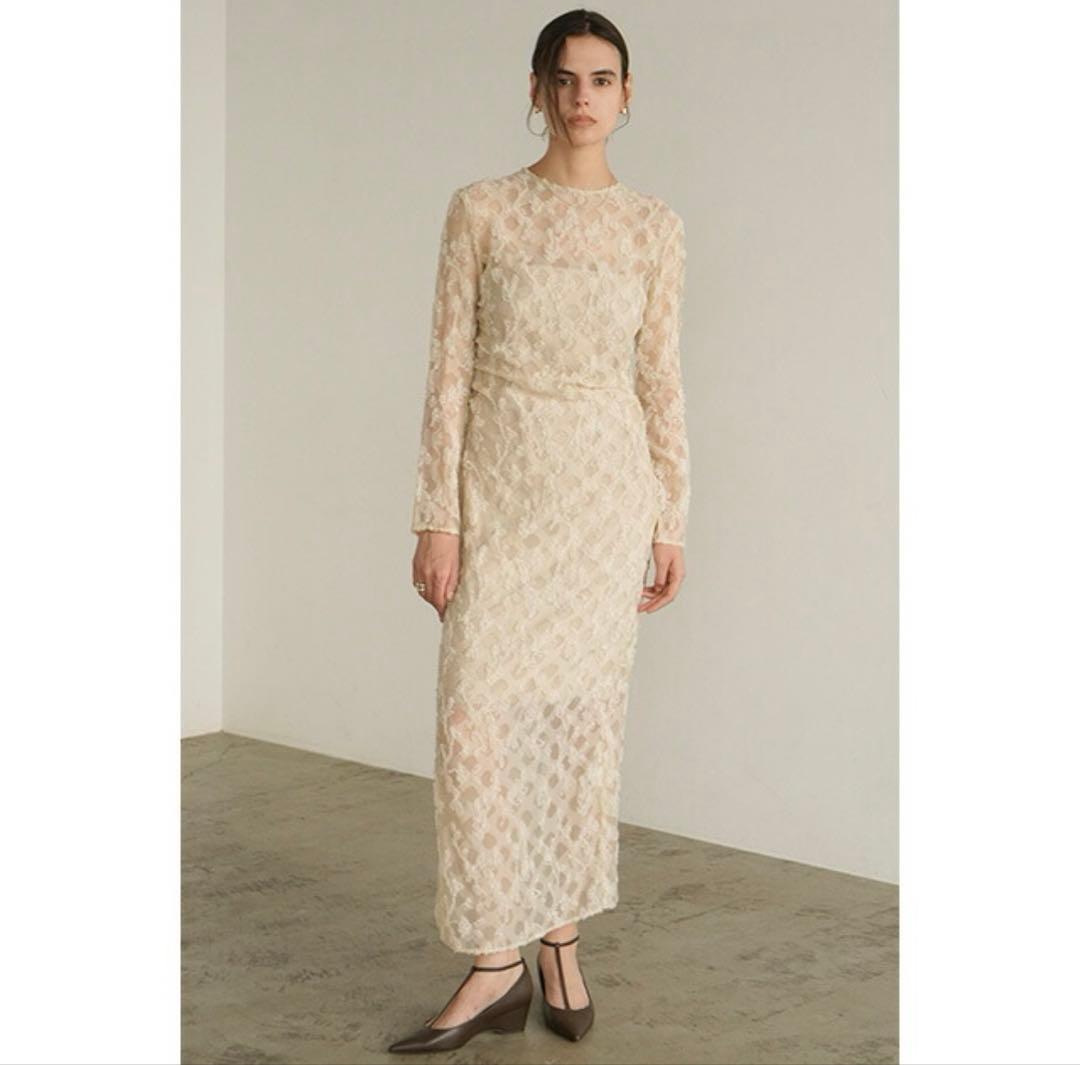 CLANE フラワー ジャガード ウェストドレープ ワンピース