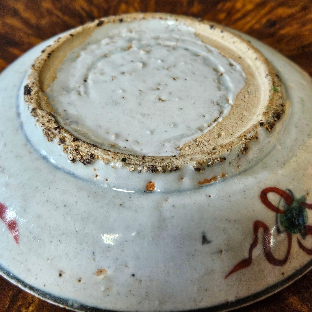 中国古陶磁器　明代明朝　呉須赤絵　 天啓赤絵　古染付　古赤絵　壽字14.0cm皿