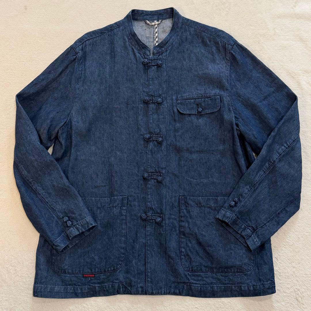パパス デニム チャイナジャケット カンフージャケット リネン100% Lサイズ