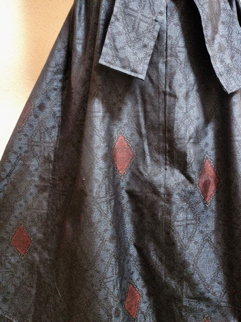 1922　着物リメイク☆大島紬Aラインロングワンピース+ガウチョ＆バックストール