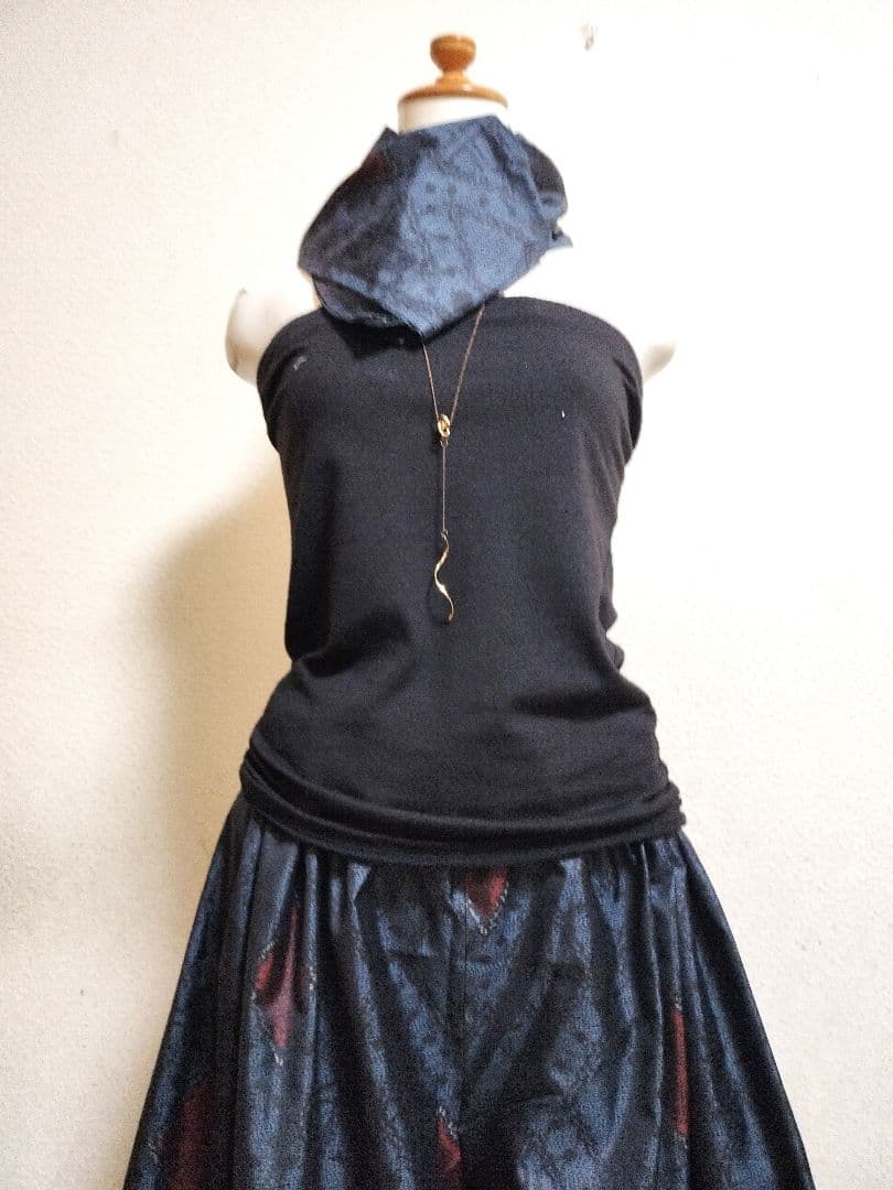 1922　着物リメイク☆大島紬Aラインロングワンピース+ガウチョ＆バックストール