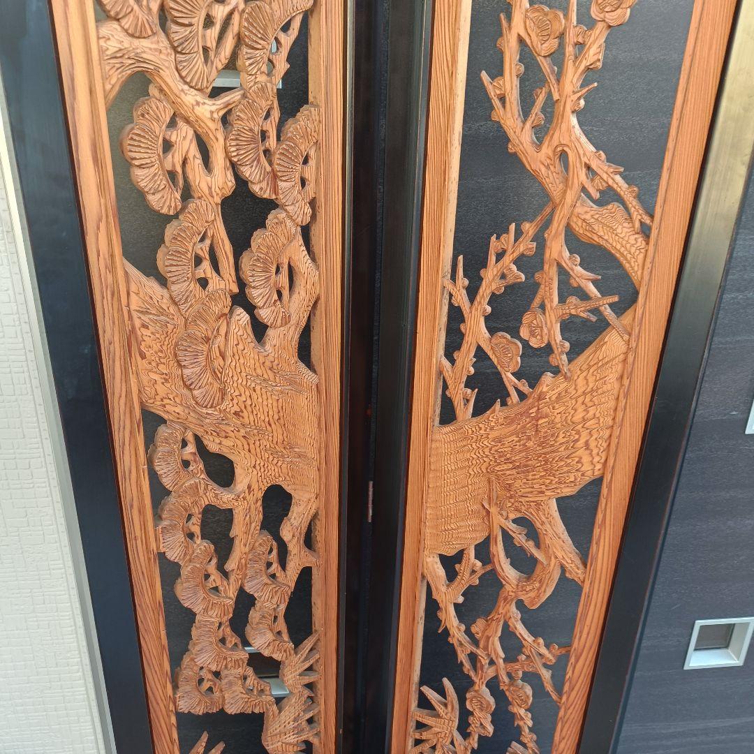 高級 彫刻 欄間 衝立 二曲屏風 松竹梅 天然木 透かし彫り 縁起物