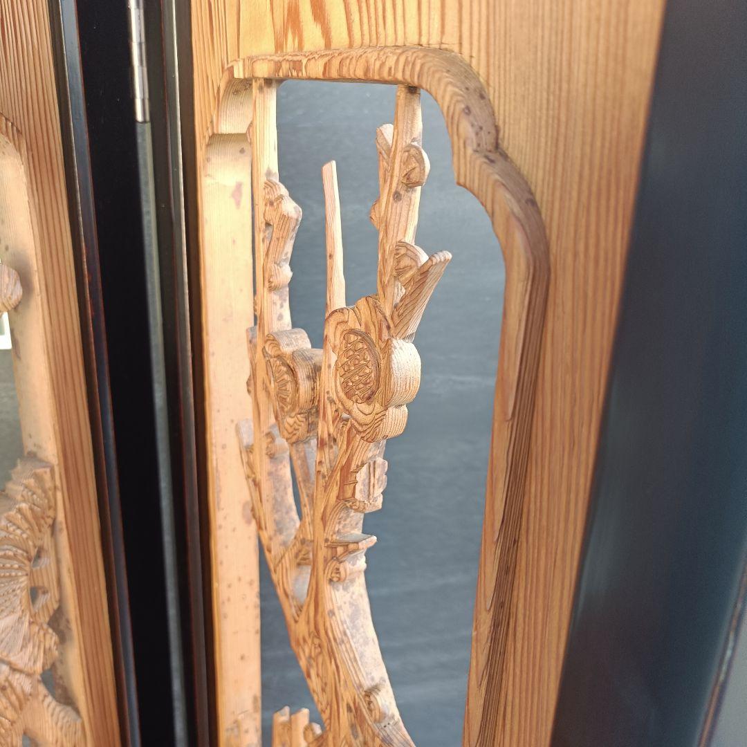 高級 彫刻 欄間 衝立 二曲屏風 松竹梅 天然木 透かし彫り 縁起物