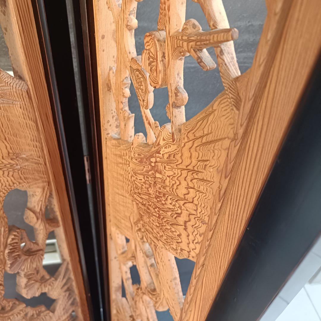 高級 彫刻 欄間 衝立 二曲屏風 松竹梅 天然木 透かし彫り 縁起物
