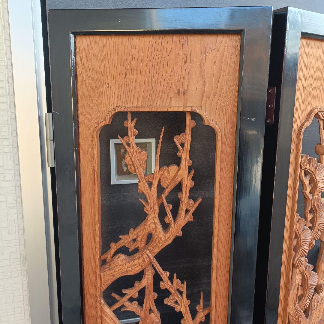 高級 彫刻 欄間 衝立 二曲屏風 松竹梅 天然木 透かし彫り 縁起物