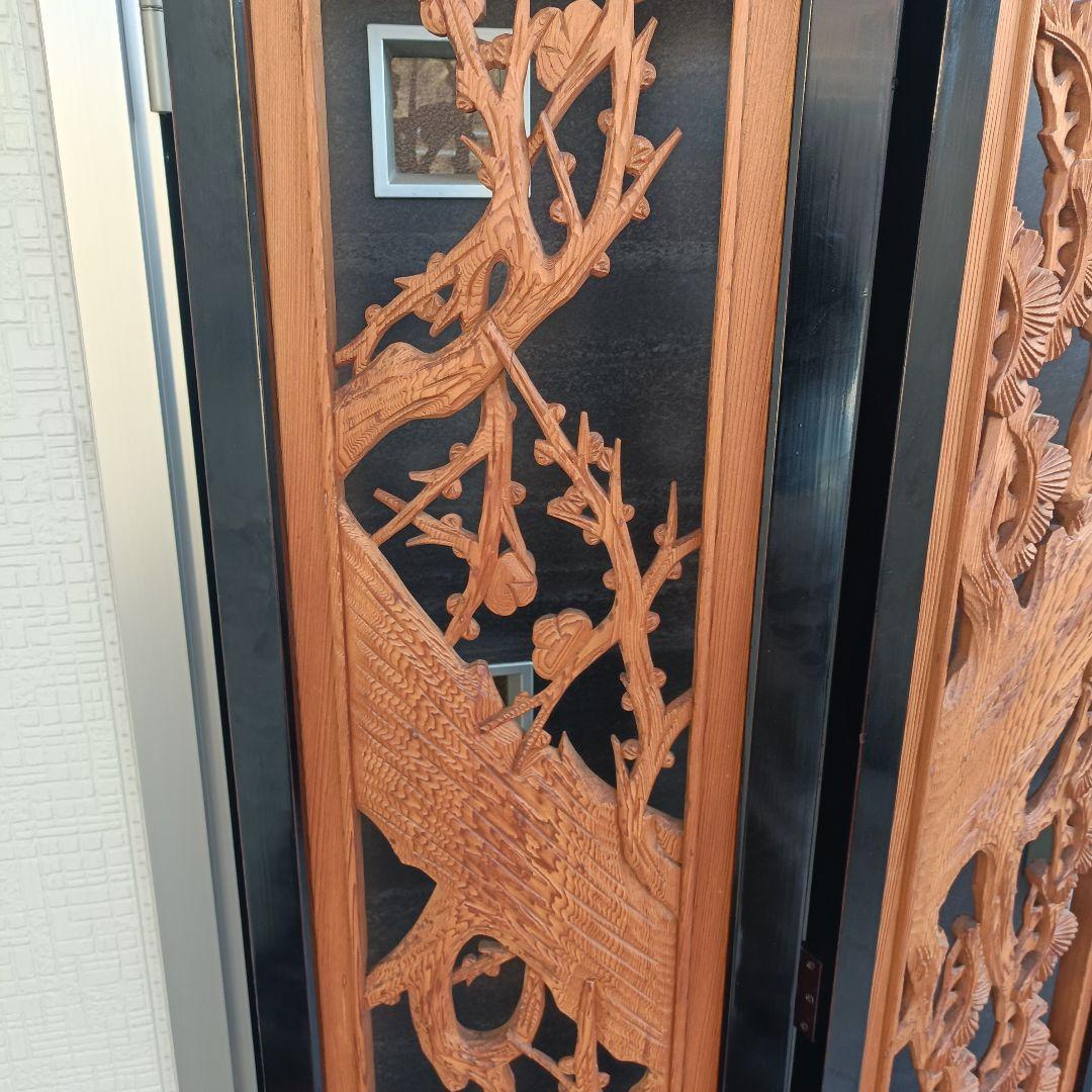 高級 彫刻 欄間 衝立 二曲屏風 松竹梅 天然木 透かし彫り 縁起物