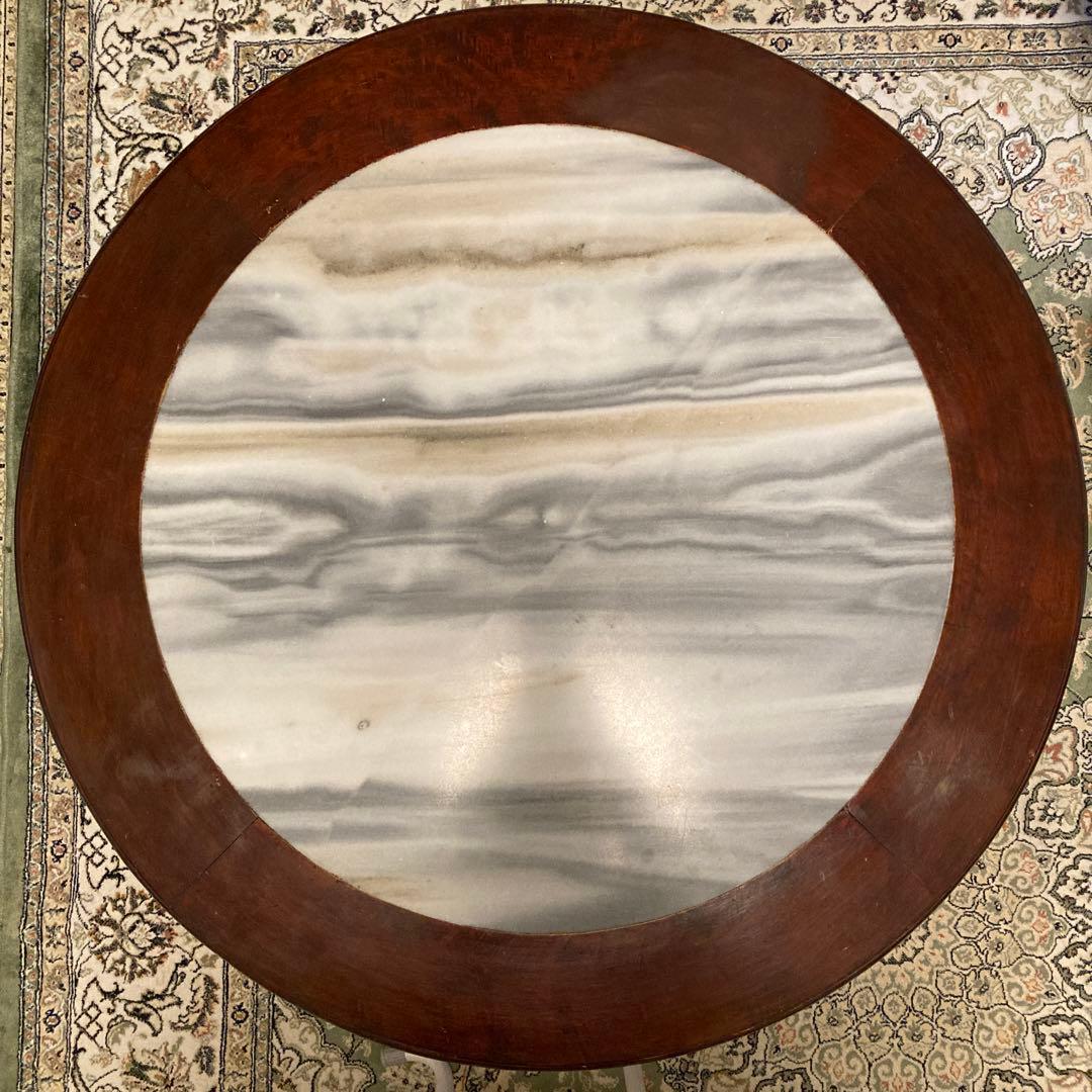 大理石　木製　円形　円型　シノワズリ　彫刻　猫脚　ブラウン