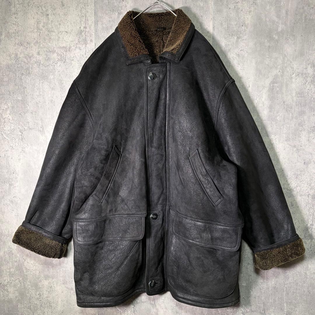 極上 肉厚 リアルムートン コート チャコールブラック 羊革 本革