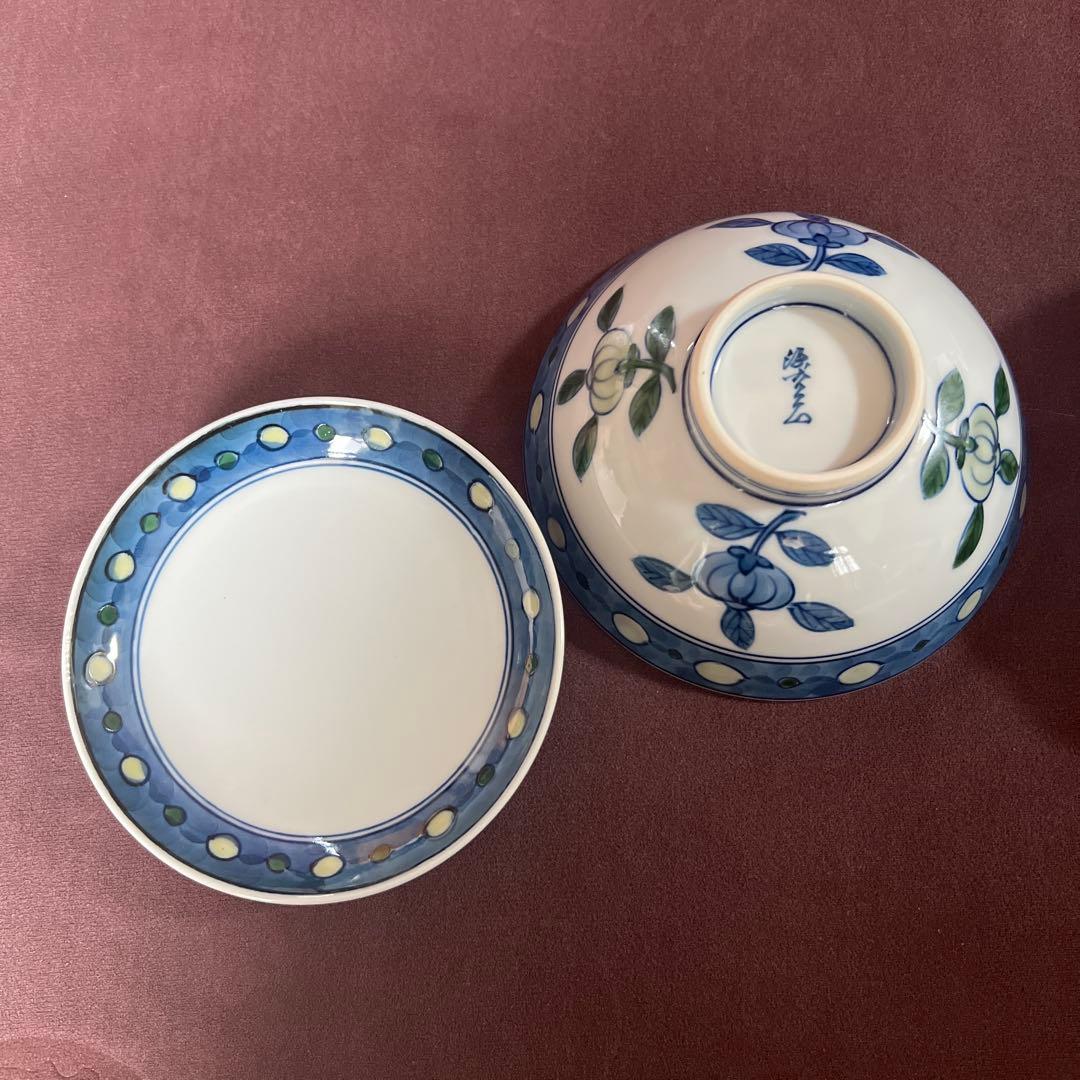 源右衛門　染錦　橘絵　蓋付き飯碗　5客