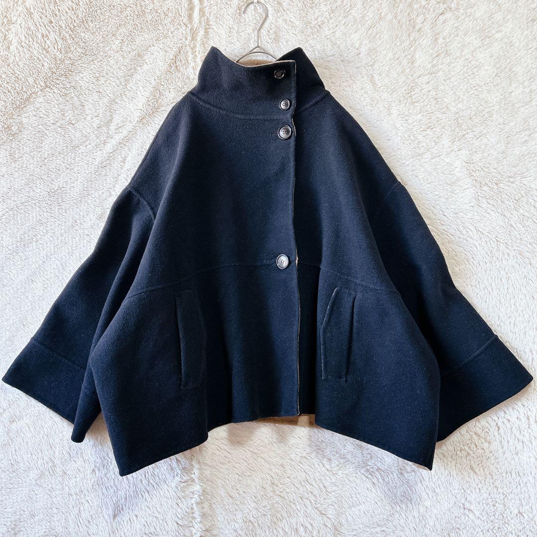 シップスエニィ リバー スタンドカラー ポンチョ ショート コート 配色デザイン