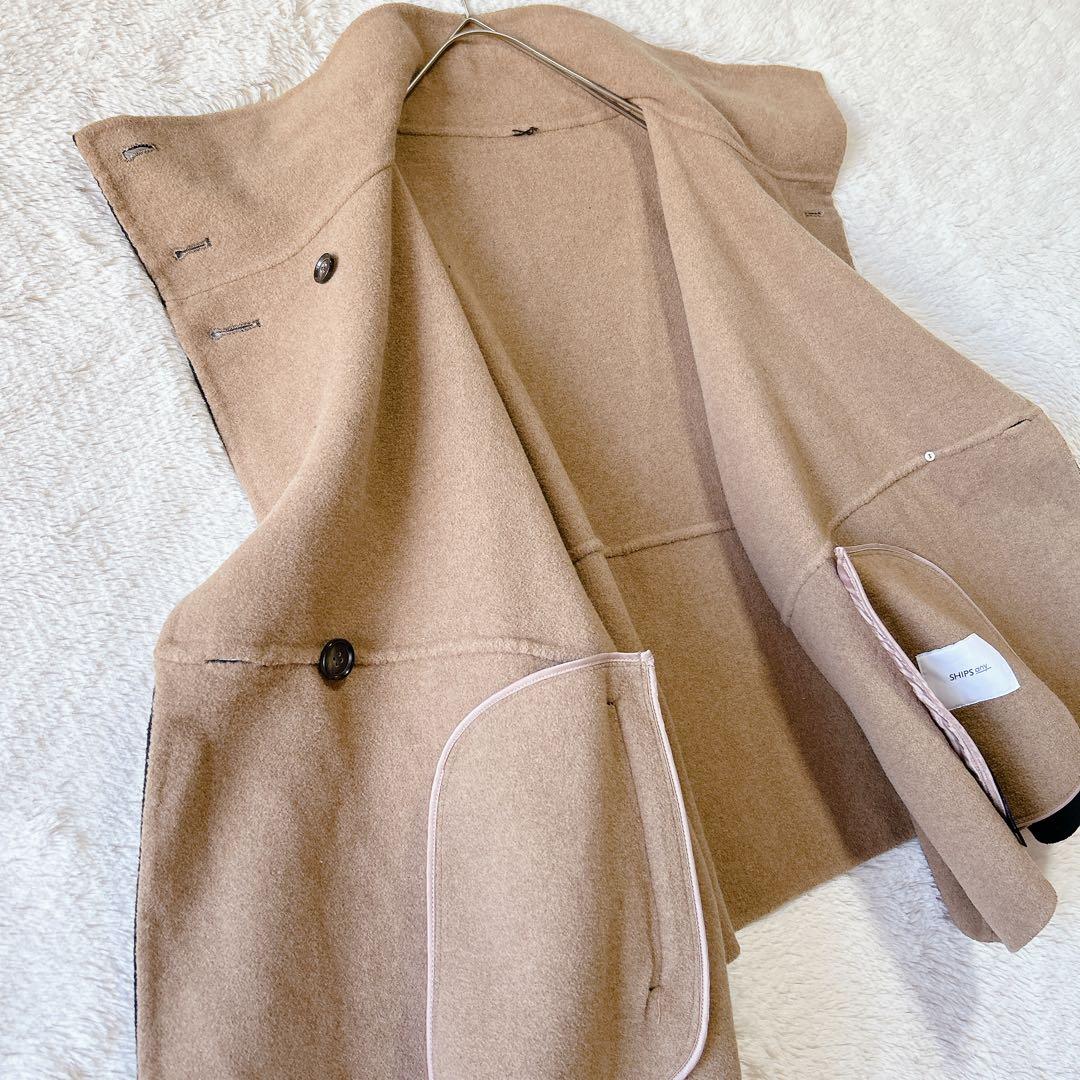 シップスエニィ リバー スタンドカラー ポンチョ ショート コート 配色デザイン