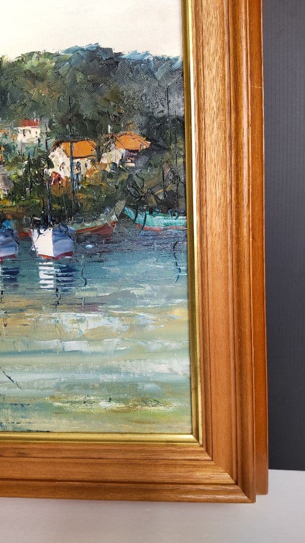 港の風景 油彩画 木製ガラスフレーム