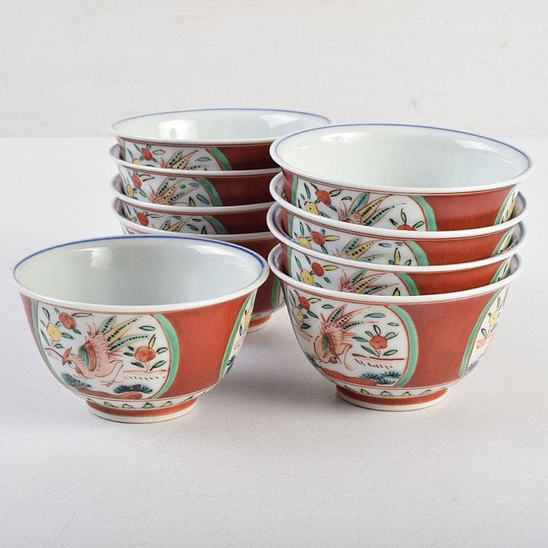 九谷焼　清々軒　矢口永寿造　金襴手写　花鳥文　煎茶碗　九客　共箱　M　R9404