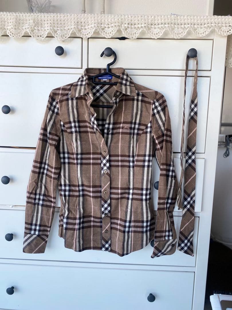 バーバリー ブルーレーベル ネクタイ付　チェック柄長袖シャツ 36