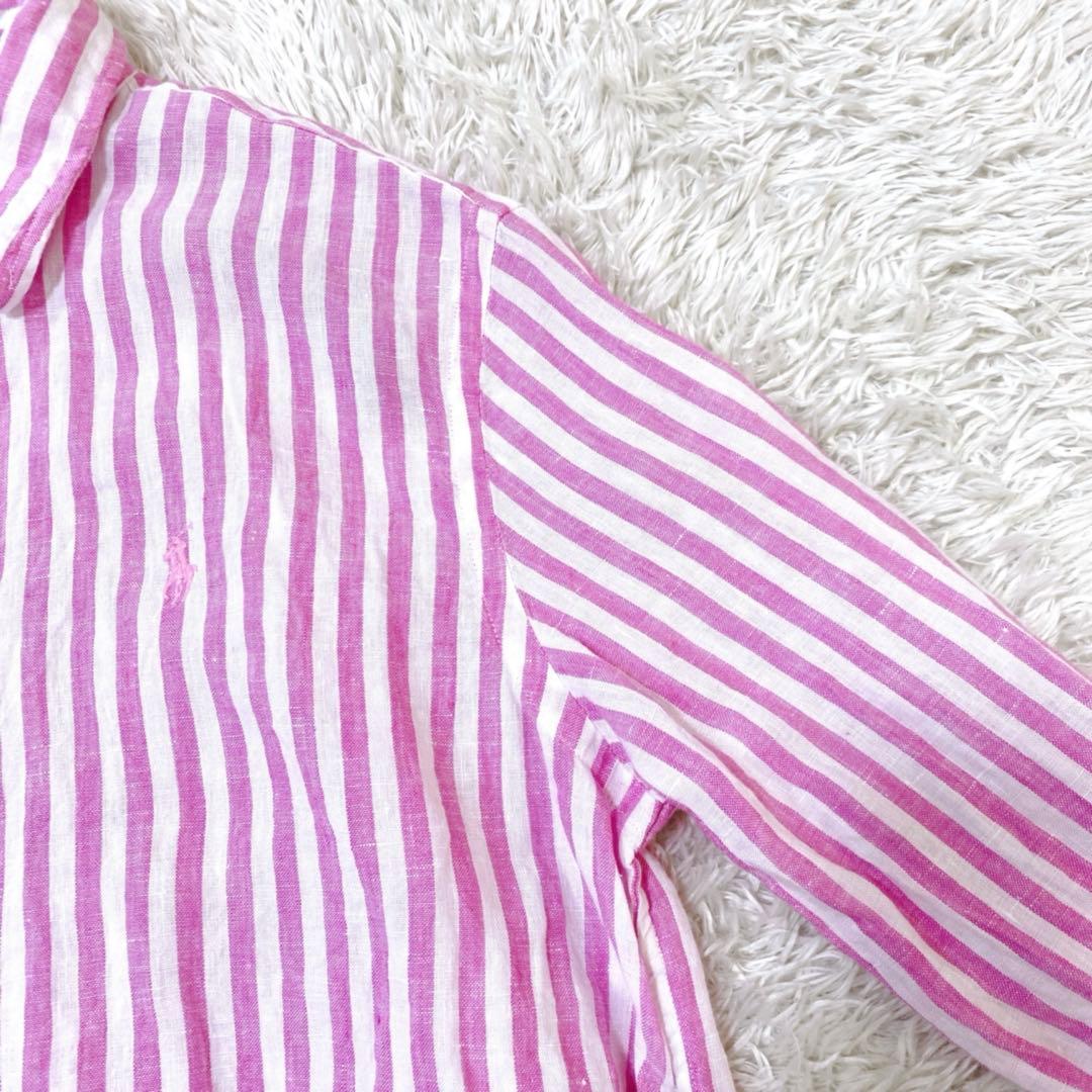 【美品 近年】ポロラルフローレン ストライプシャツ ポニー刺繍 リネンM