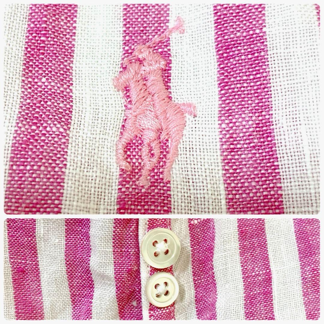 【美品 近年】ポロラルフローレン ストライプシャツ ポニー刺繍 リネンM