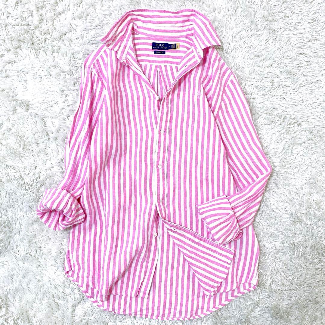【美品 近年】ポロラルフローレン ストライプシャツ ポニー刺繍 リネンM