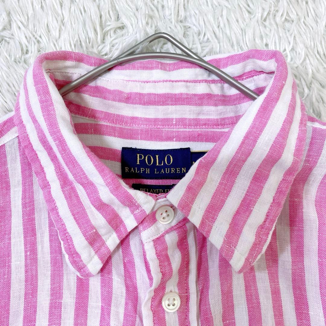 【美品 近年】ポロラルフローレン ストライプシャツ ポニー刺繍 リネンM