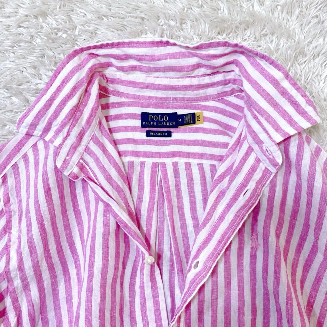 【美品 近年】ポロラルフローレン ストライプシャツ ポニー刺繍 リネンM