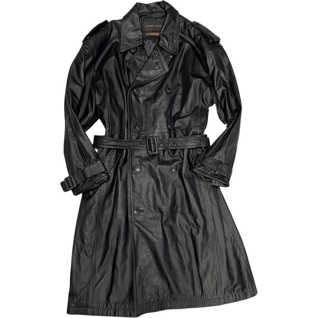 【vintage】牛革 本革 マキシ丈カウレザーダブルチェスターコート 黒 M