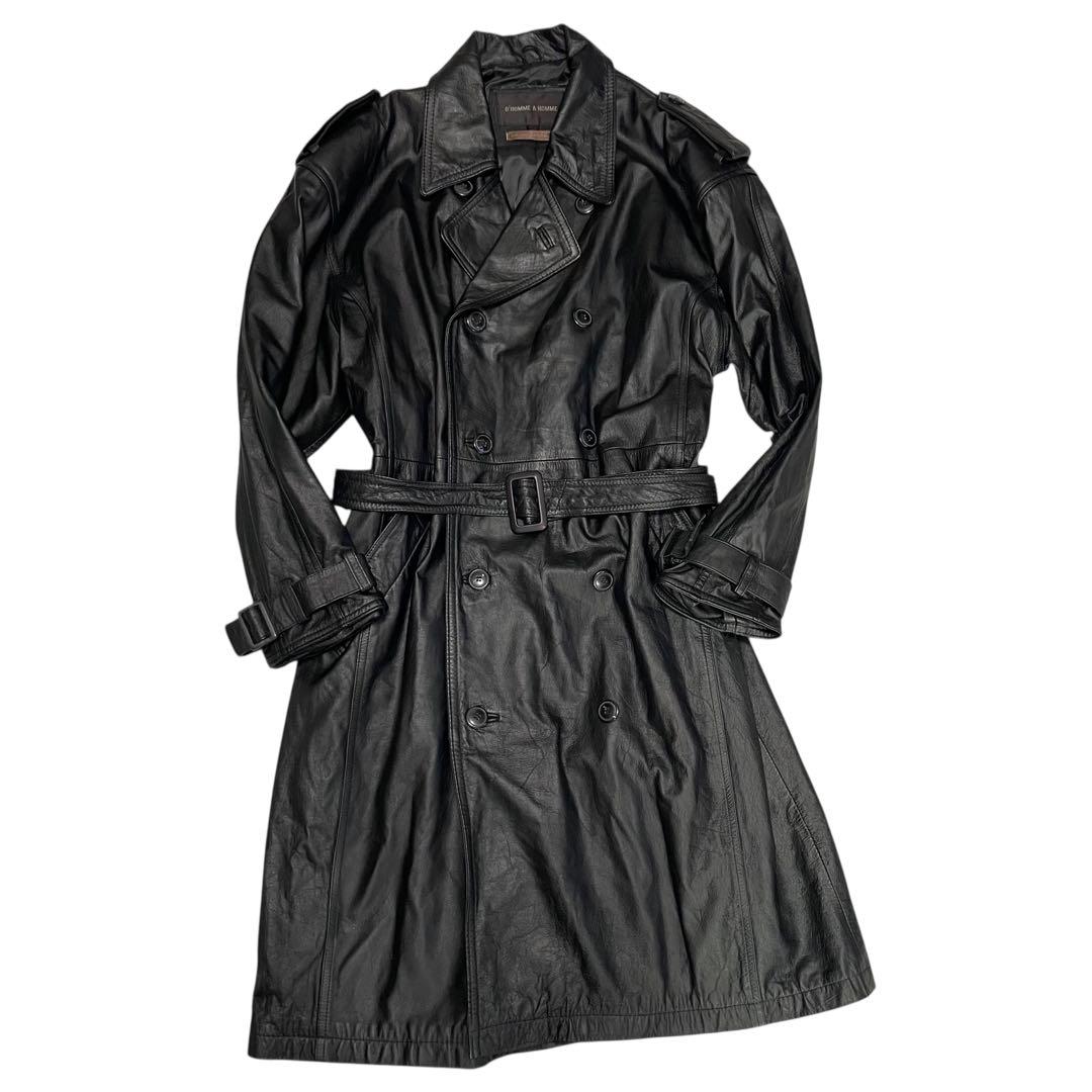 【vintage】牛革 本革 マキシ丈カウレザーダブルチェスターコート 黒 M