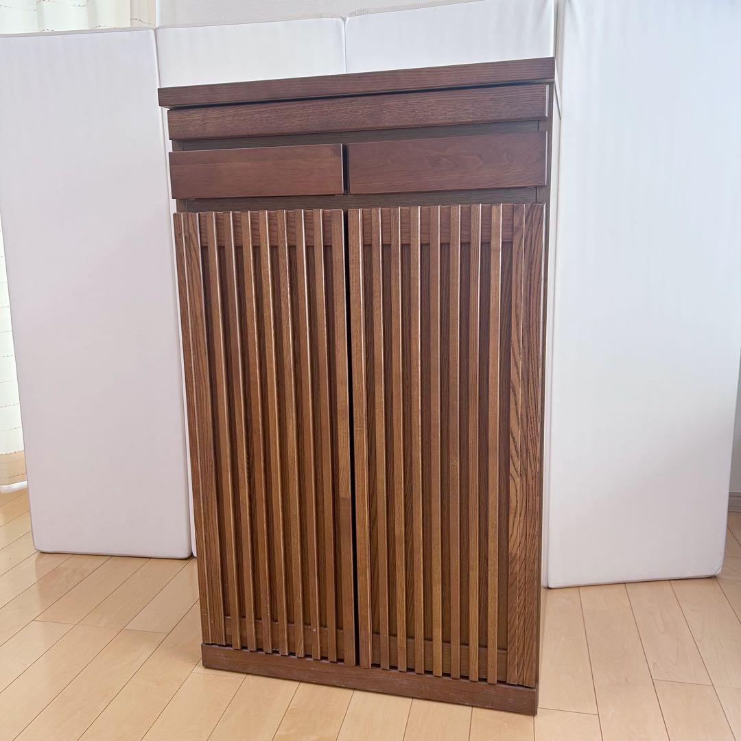 大川家具　木製キャビネット　ルーバー　格子　スライド棚　日本製　仏具台ハイタイプ