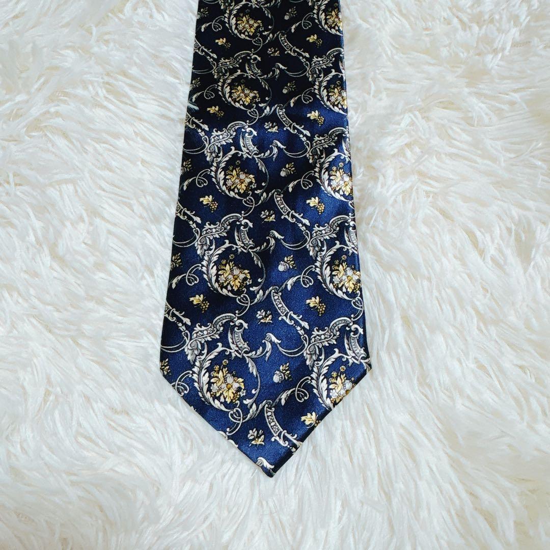 【美品】イヴサンローラン ネクタイ ネイビー ゴールド 花柄 高級シルク100%