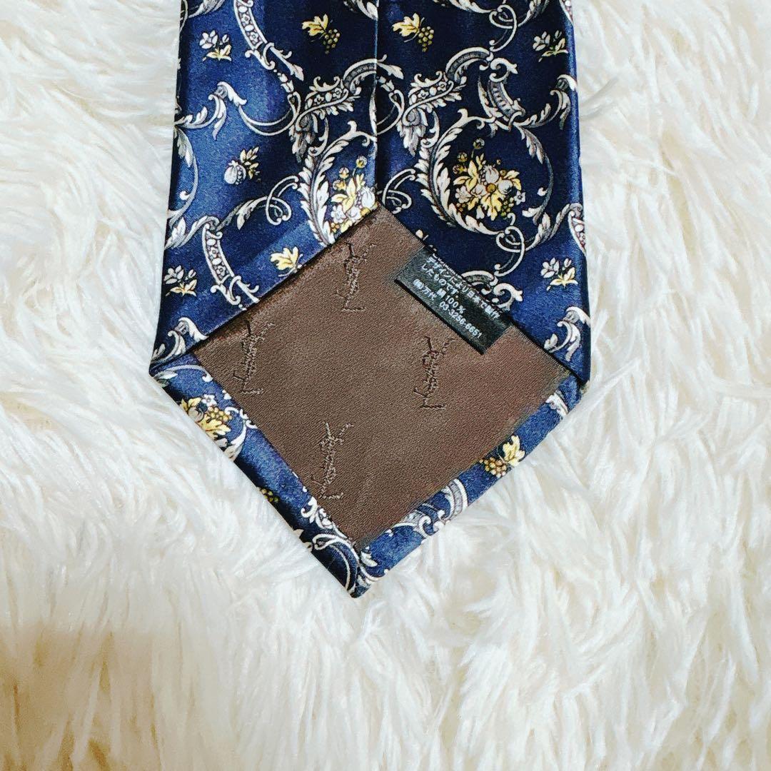 【美品】イヴサンローラン ネクタイ ネイビー ゴールド 花柄 高級シルク100%