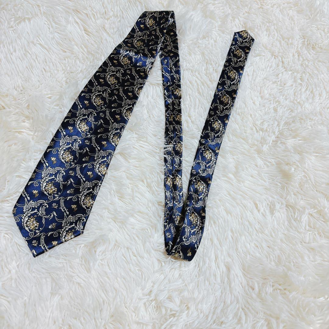 【美品】イヴサンローラン ネクタイ ネイビー ゴールド 花柄 高級シルク100%