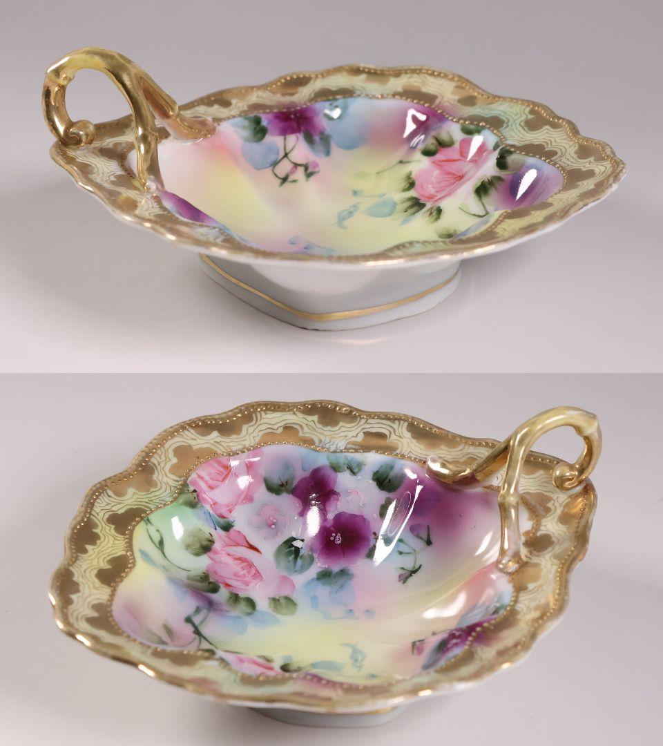 【CM297】オールドノリタケ 花 皿 薔薇 パンジー 金彩 イエロー 黄色