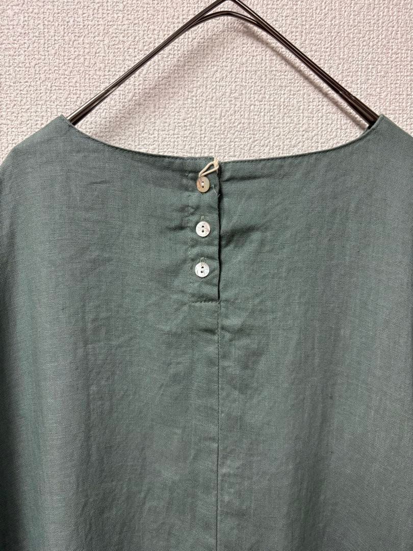 リネンアシンメトリータックロングワンピースダルグリーン美品