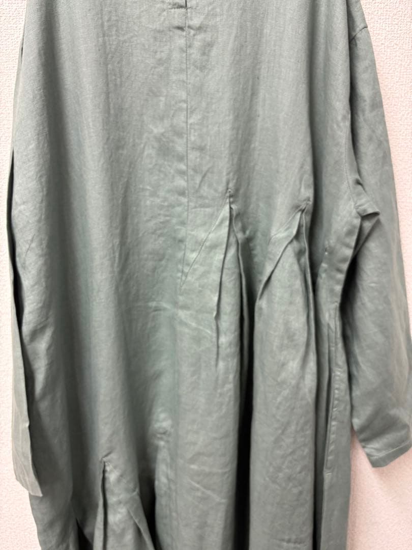 リネンアシンメトリータックロングワンピースダルグリーン美品