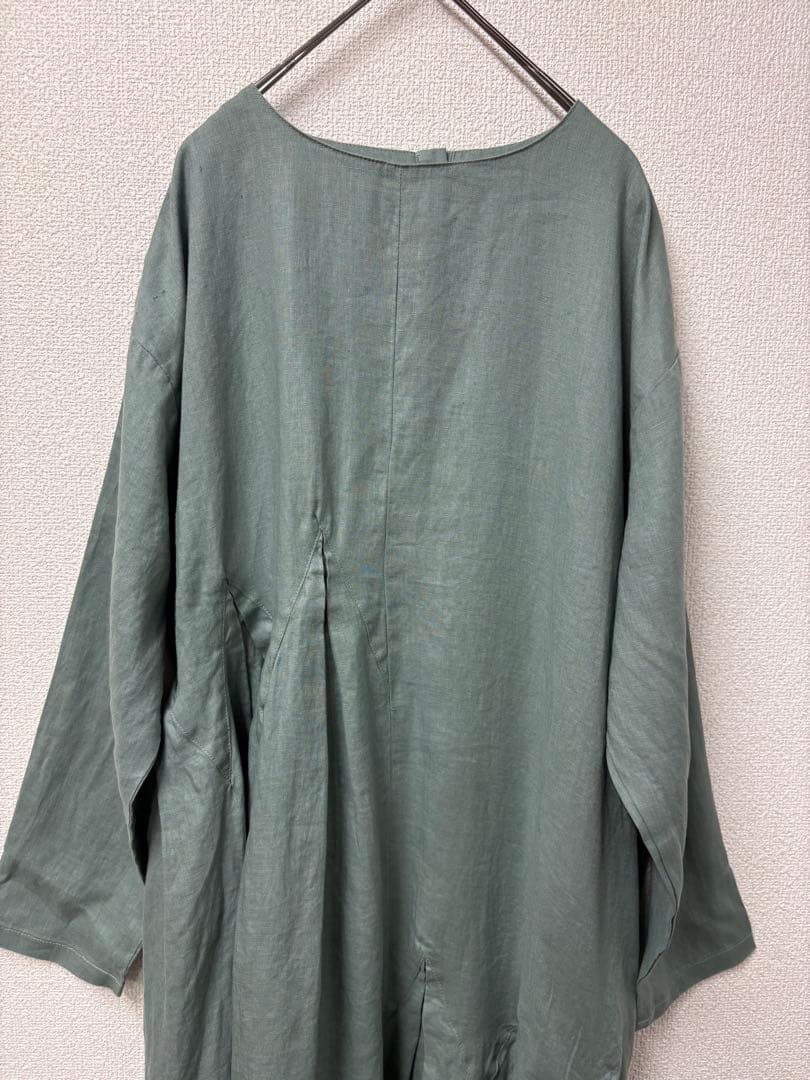 リネンアシンメトリータックロングワンピースダルグリーン美品