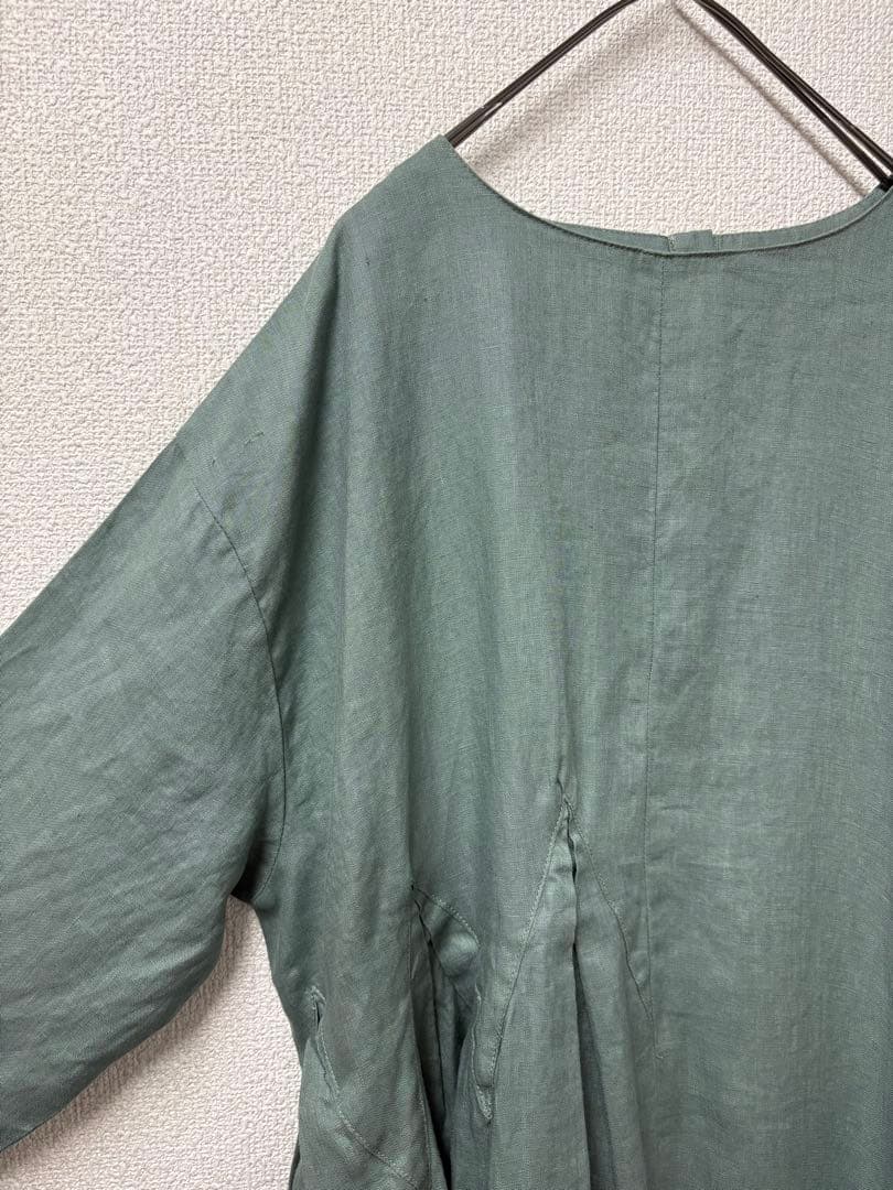 リネンアシンメトリータックロングワンピースダルグリーン美品
