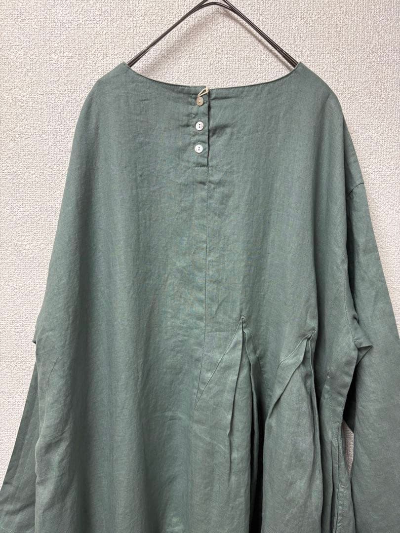 リネンアシンメトリータックロングワンピースダルグリーン美品