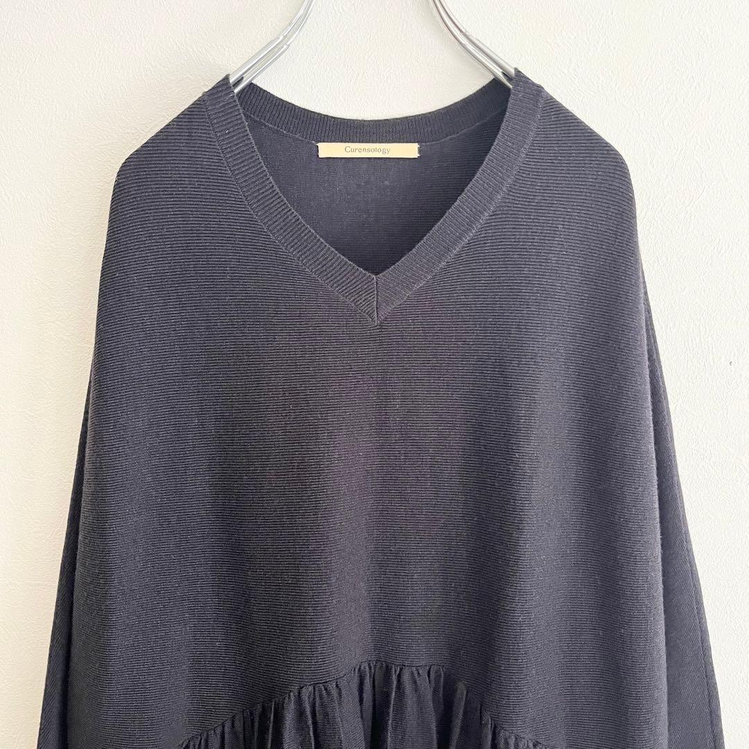 定価3.2万 カレンソロジー ウールＶネックギャザーワンピース ネイビー 春先も