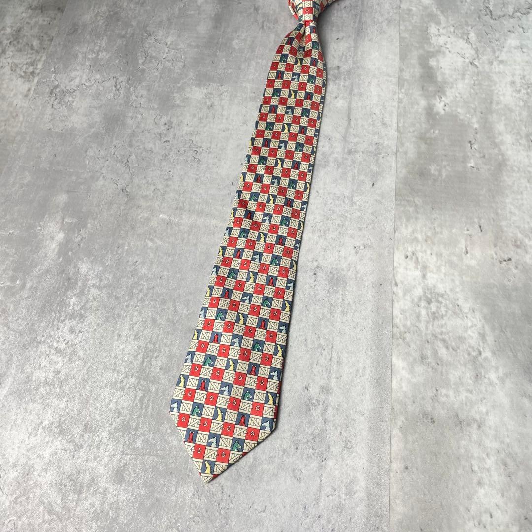 美品 HERMES エルメス チェック柄 馬 アニマル柄 ネクタイ レッド 白