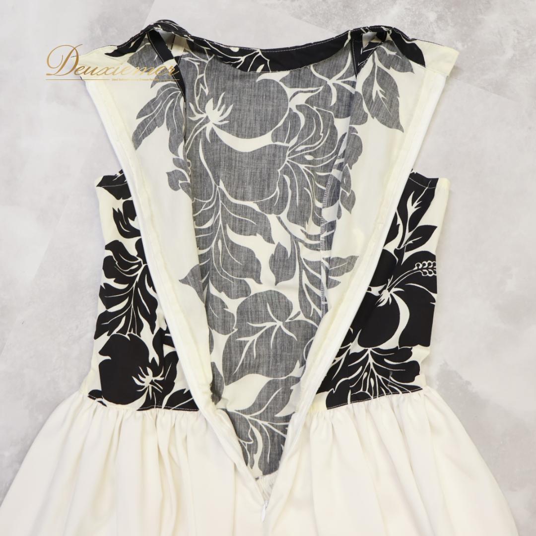 【フラダンス衣装】ホワイト ワンピース ドレス 白 黒 ハイビスカス柄 花柄