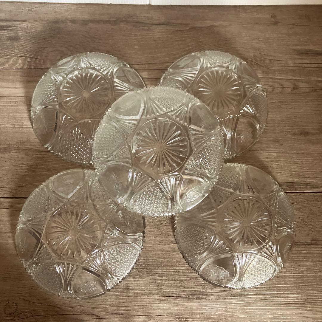 D-4 【昭和レトロ】バラ紋様 プレスガラス 小鉢 5個セット（デザートボウル）