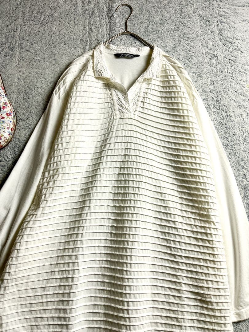 【ヤッコマリカルド】ボーダー風 カットソー切替ピンタックシャツワンピース 白