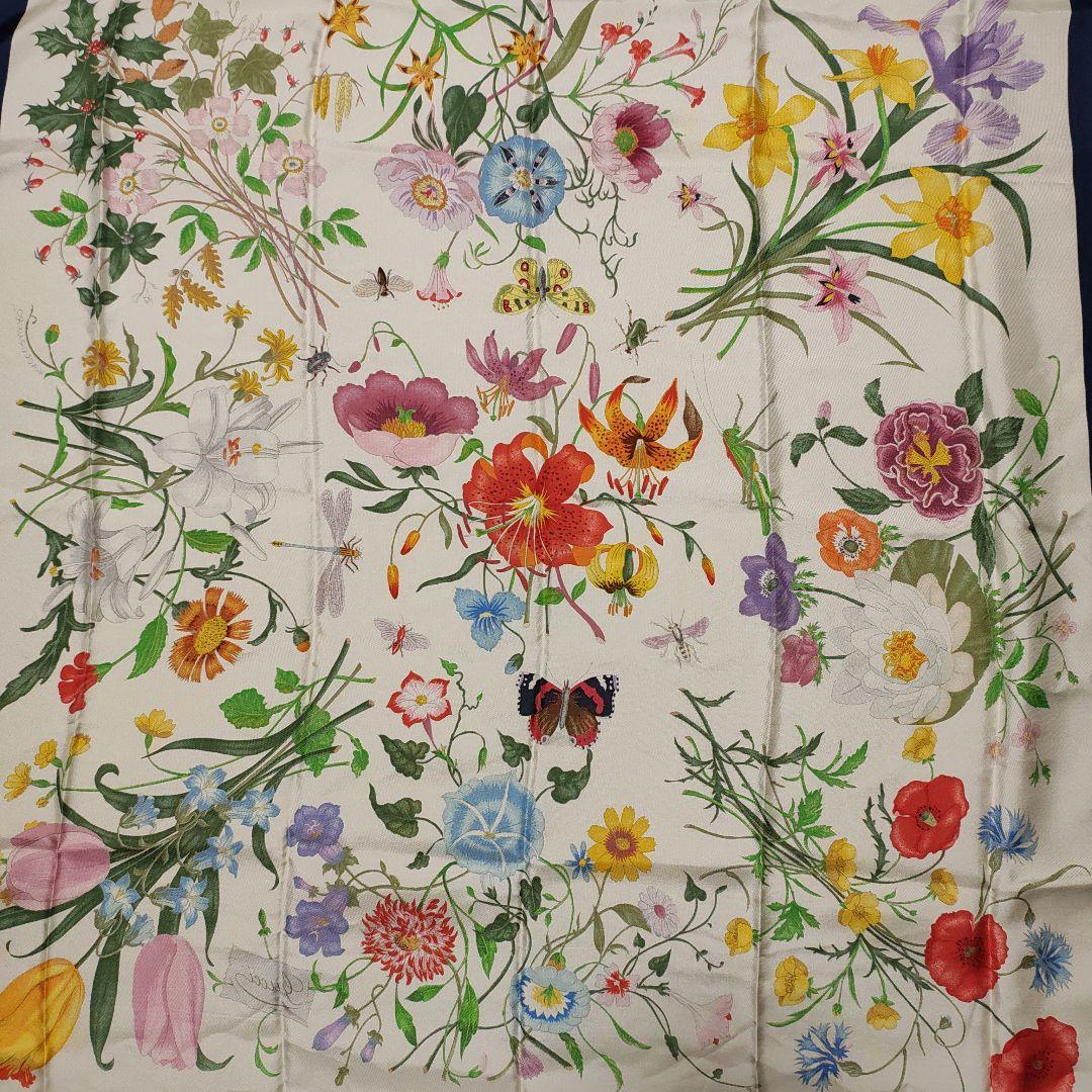 GUCCI グッチ ヴィンテージ シルク スカーフ フローラ 花 昆虫 蜻蛉 蝶
