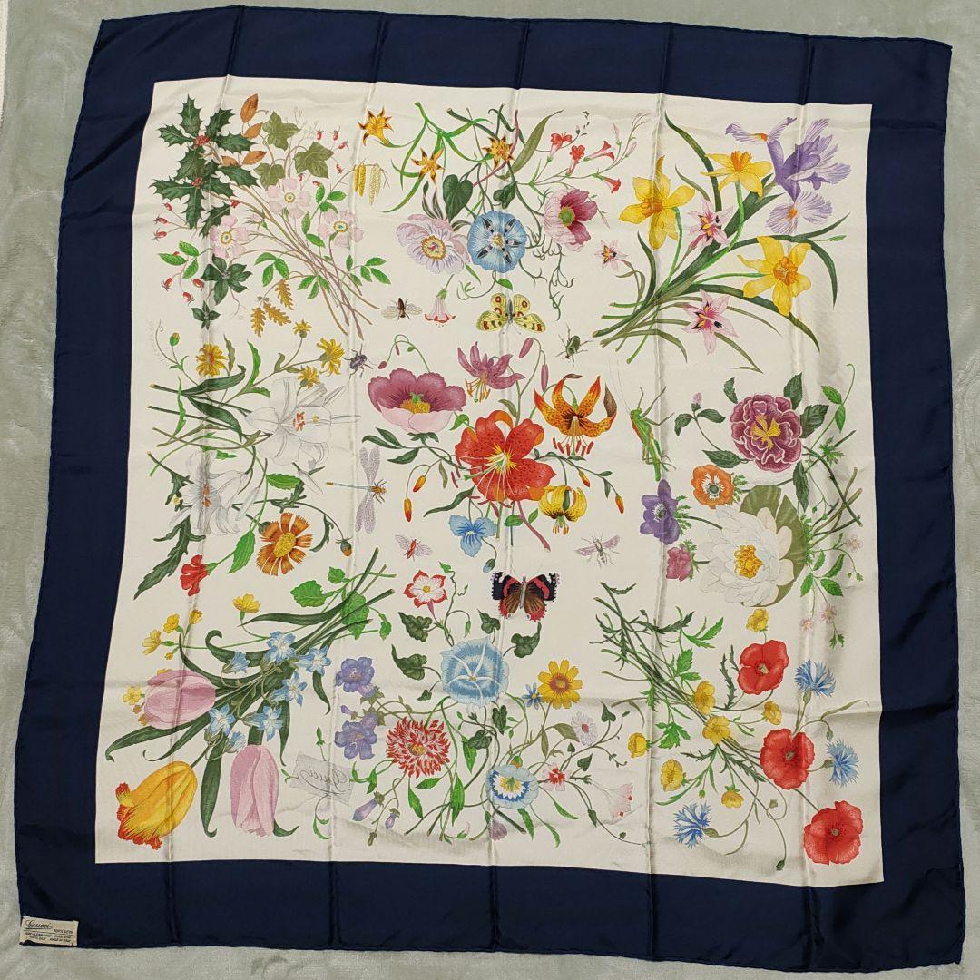 GUCCI グッチ ヴィンテージ シルク スカーフ フローラ 花 昆虫 蜻蛉 蝶