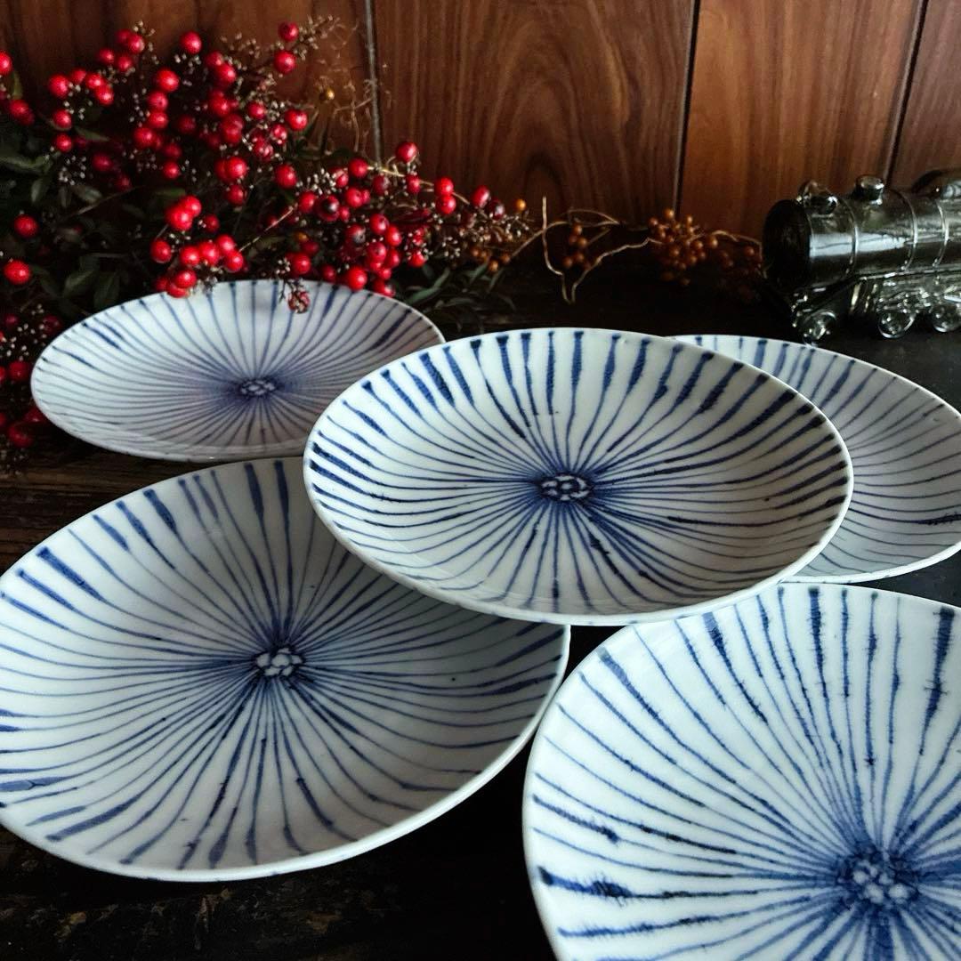 骨董　古伊万里　九谷　染付　松笠　麦藁手　角福　平皿　膾皿　５客限り