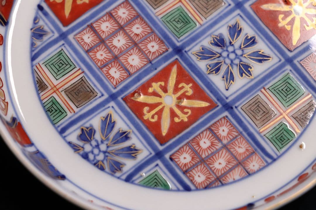 時代 大聖寺伊万里 奇玉宝鼎之珍 錦手小紋小皿 五客 12cm 色絵 MA407