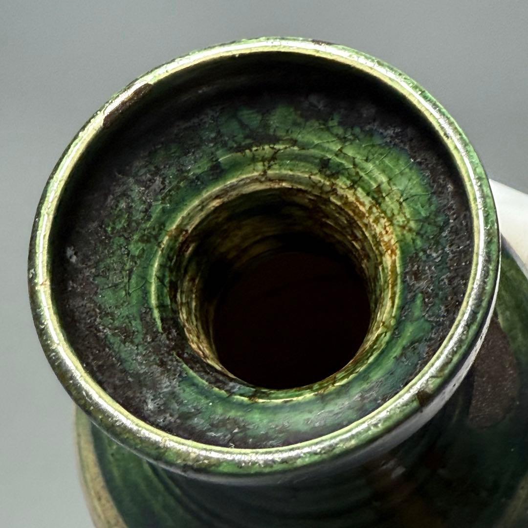 江戸時代　織部沢瀉文　花瓶　徳利　古美術　桐箱付　蒐集家旧蔵品　高19.5cm