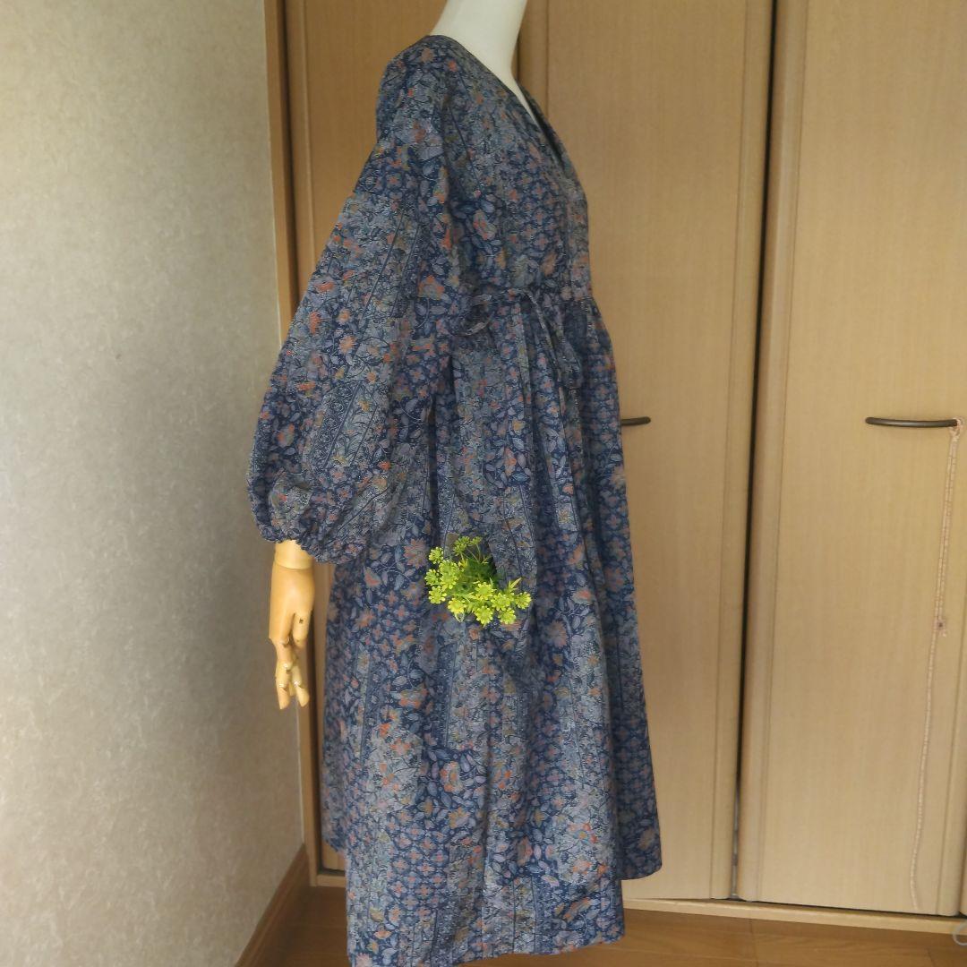 着物リメイク せんじゃく紬 ウール混合 ヨーク切り替え ギャザーワンピース