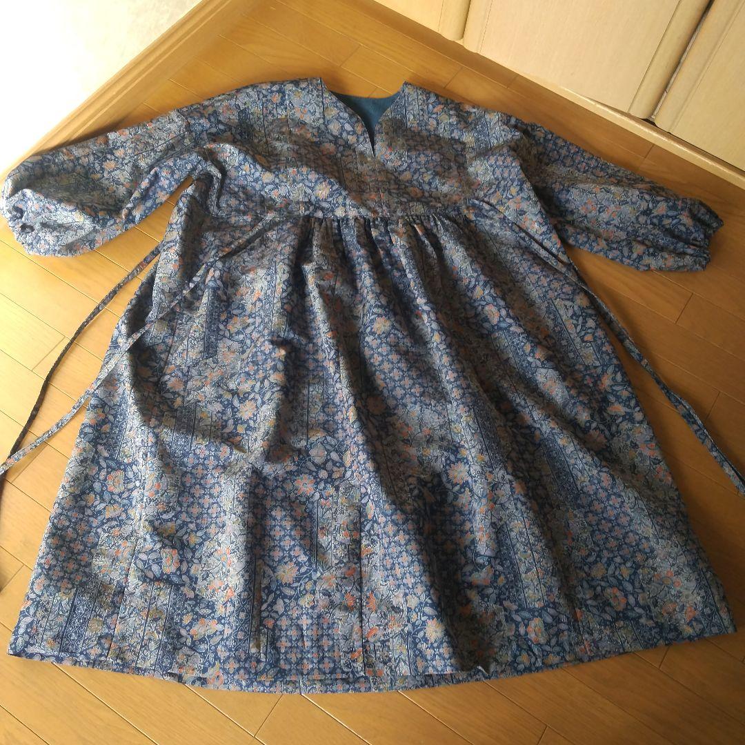 着物リメイク せんじゃく紬 ウール混合 ヨーク切り替え ギャザーワンピース