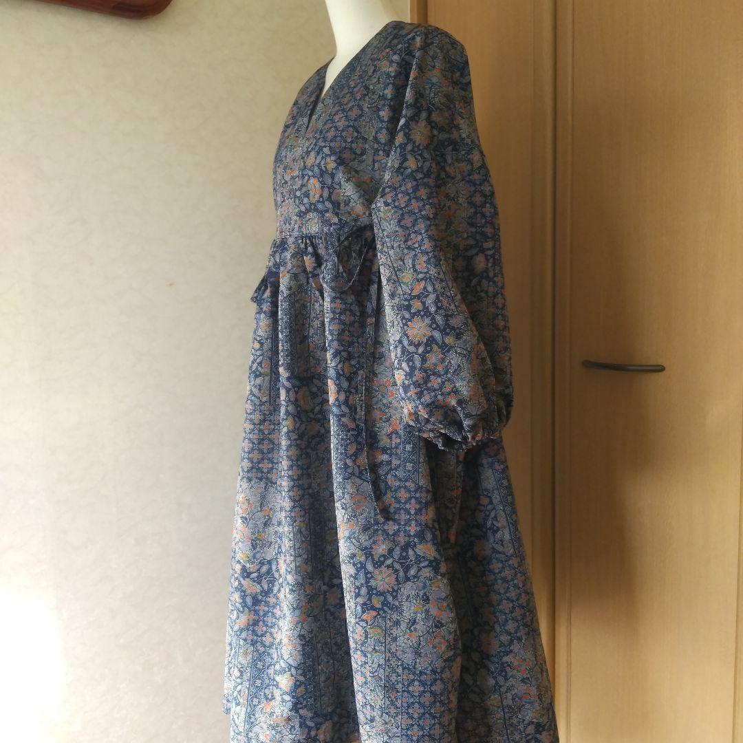 着物リメイク せんじゃく紬 ウール混合 ヨーク切り替え ギャザーワンピース